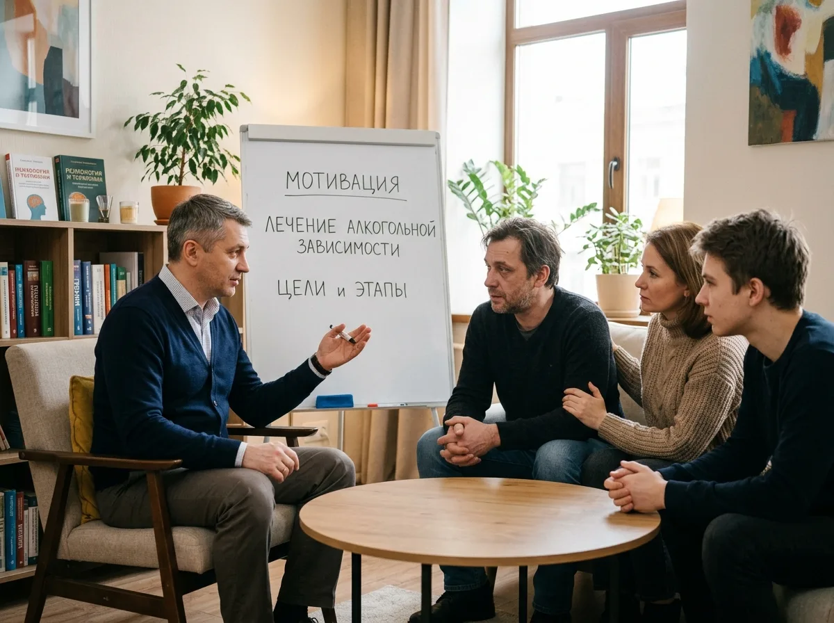 Врач-психотерапевт проводит мотивационную беседу с пациентом и его семьёй о лечении алкогольной зависимости